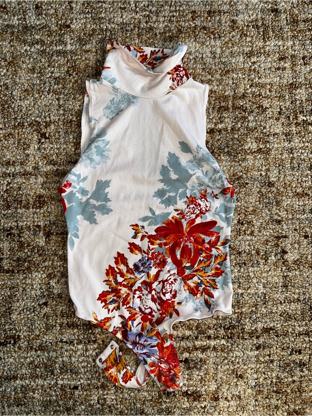 Floral Mock Neck Bodysuit with Red, Orange & Blue Print